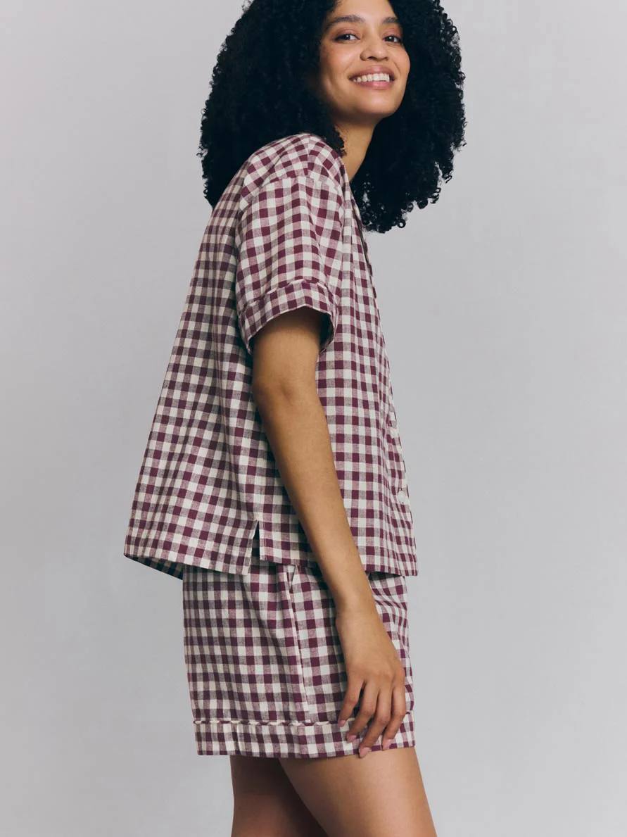 Berry Gingham Linen Blend Pyjama Short Set - Image 3