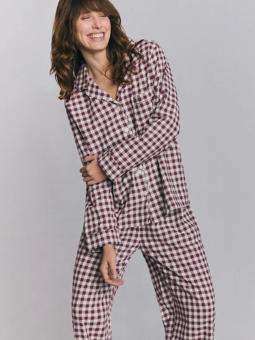 Berry Gingham Linen Blend Pyjama Trouser Set - Image 3