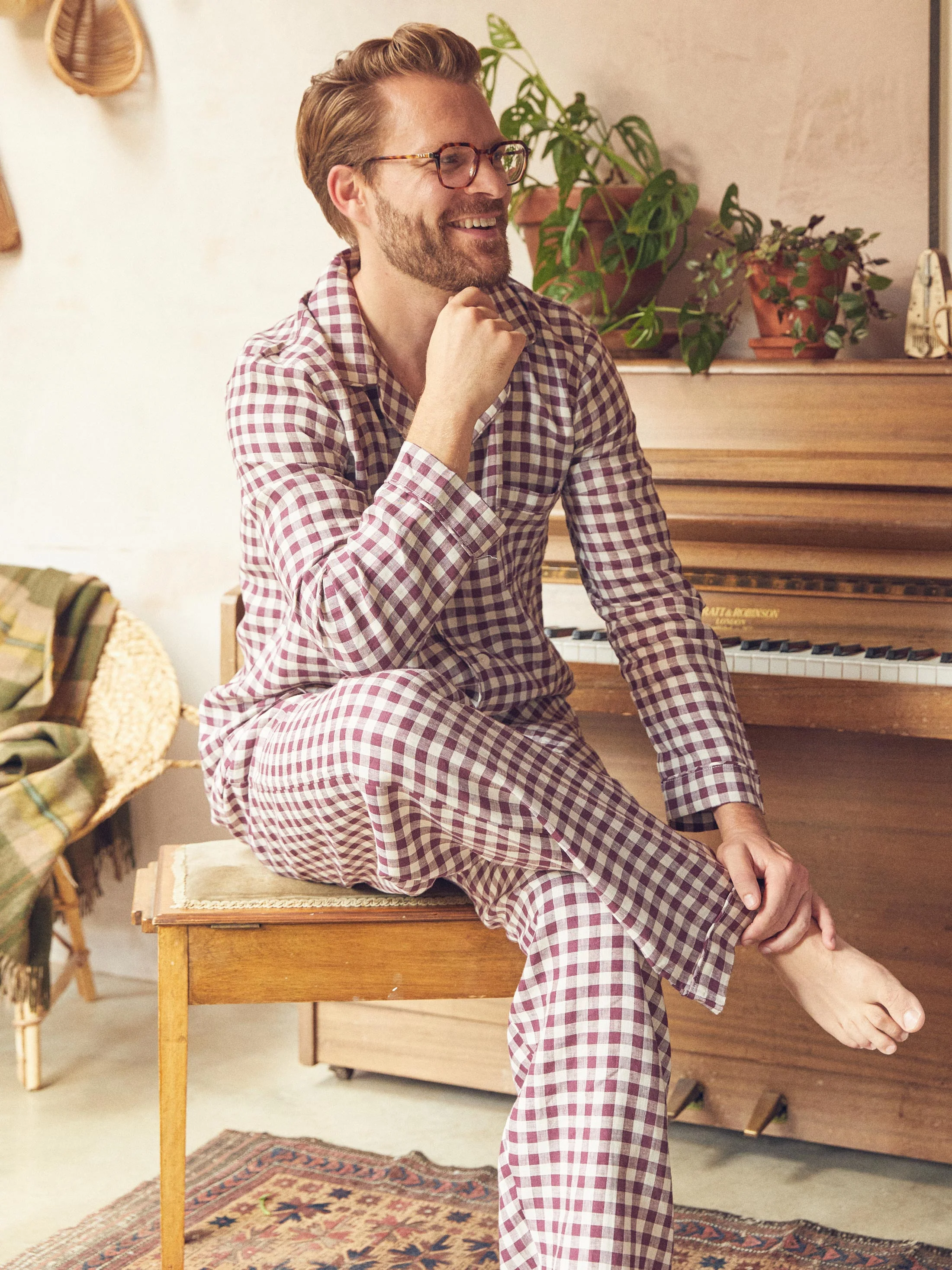 Men's Berry Gingham Pyjama Trouser Set - Image 2