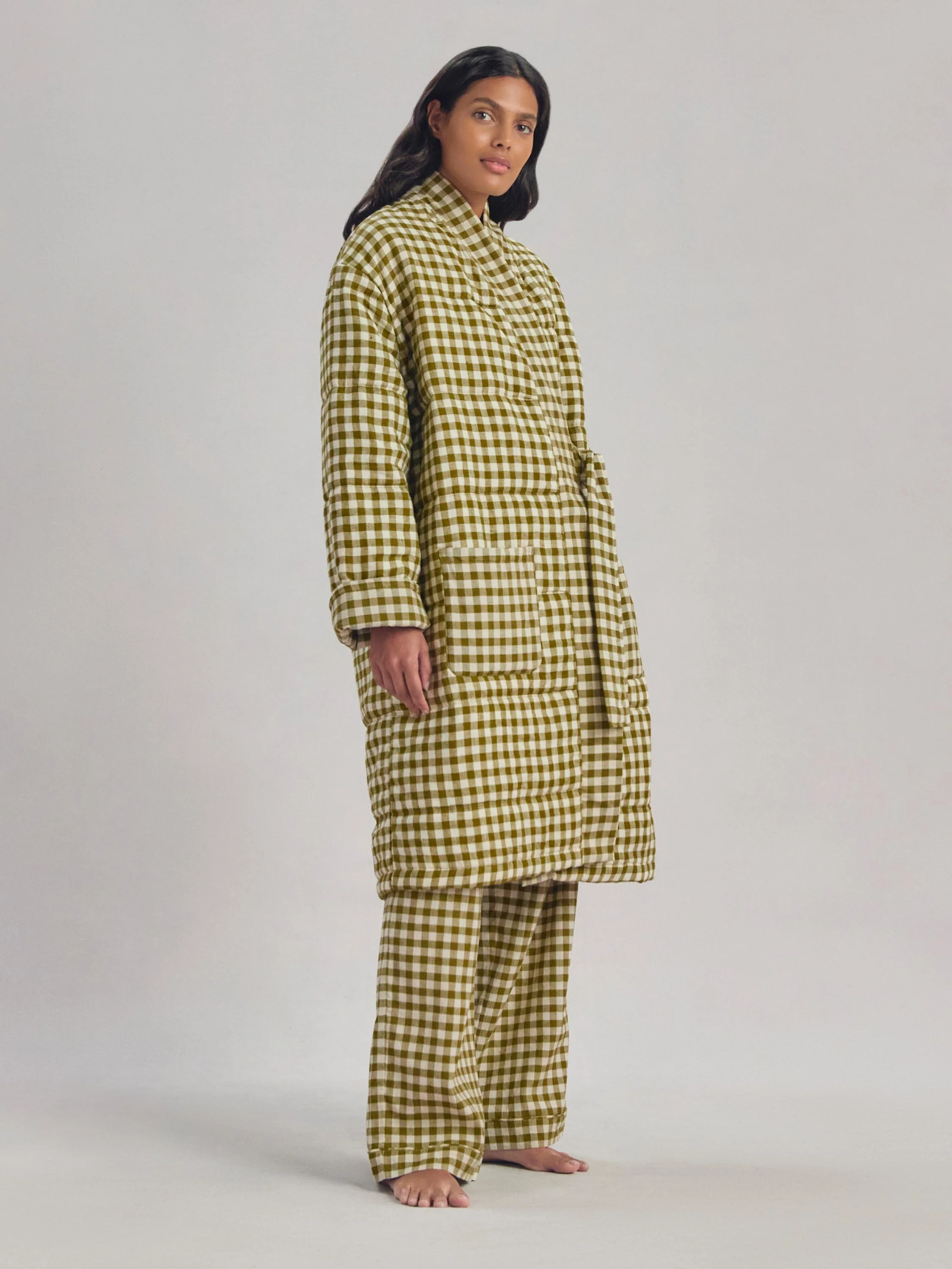 Botanical Green Gingham Linen Blend Housecoat