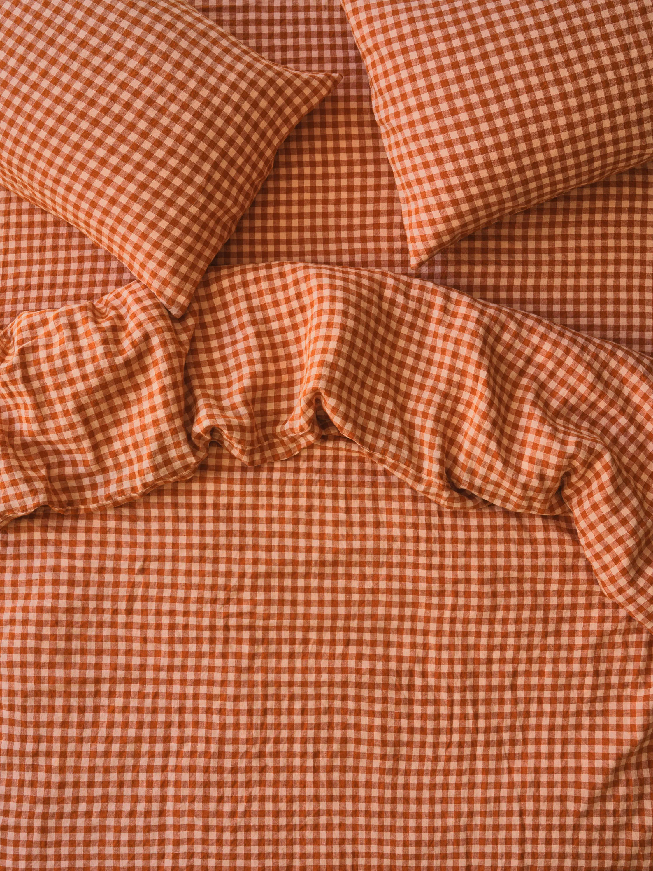 Cinnamon & Peach Colour Drenched Gingham Linen Blend Duvet Cover