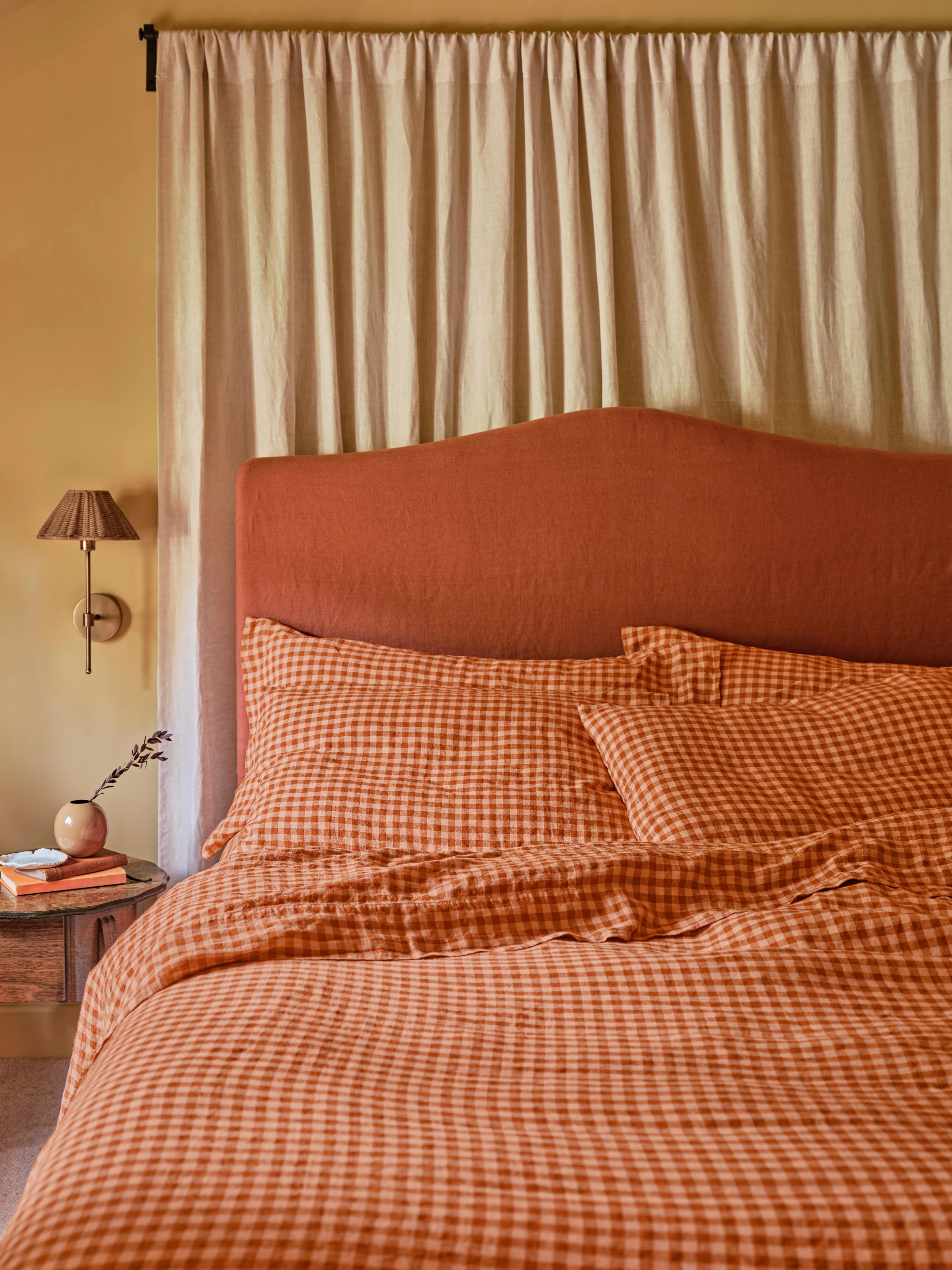 Cinnamon & Peach Colour Drenched Gingham Linen Blend Duvet Cover - Image 2