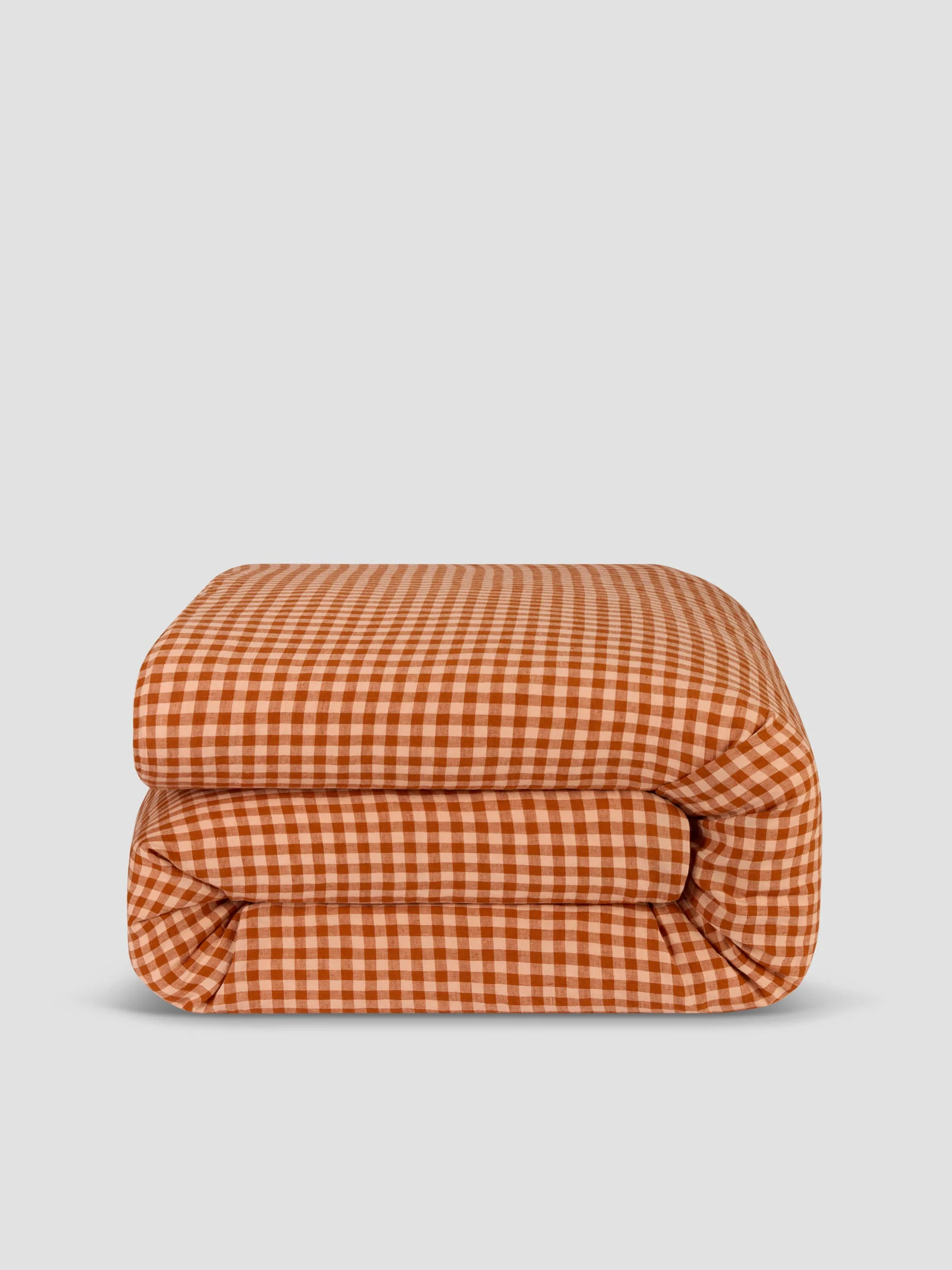 Cinnamon & Peach Colour Drenched Gingham Linen Blend Duvet Cover - Image 3