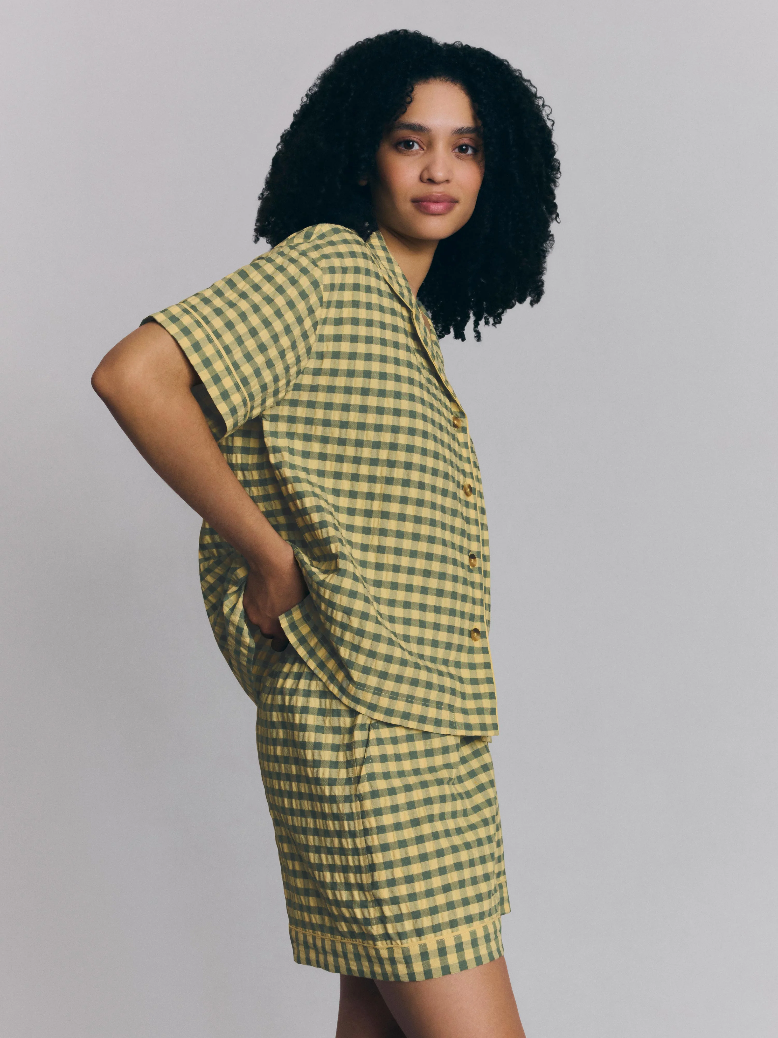 Elm Green & Butter Yellow Gingham Cotton Shorts Set - Image 3