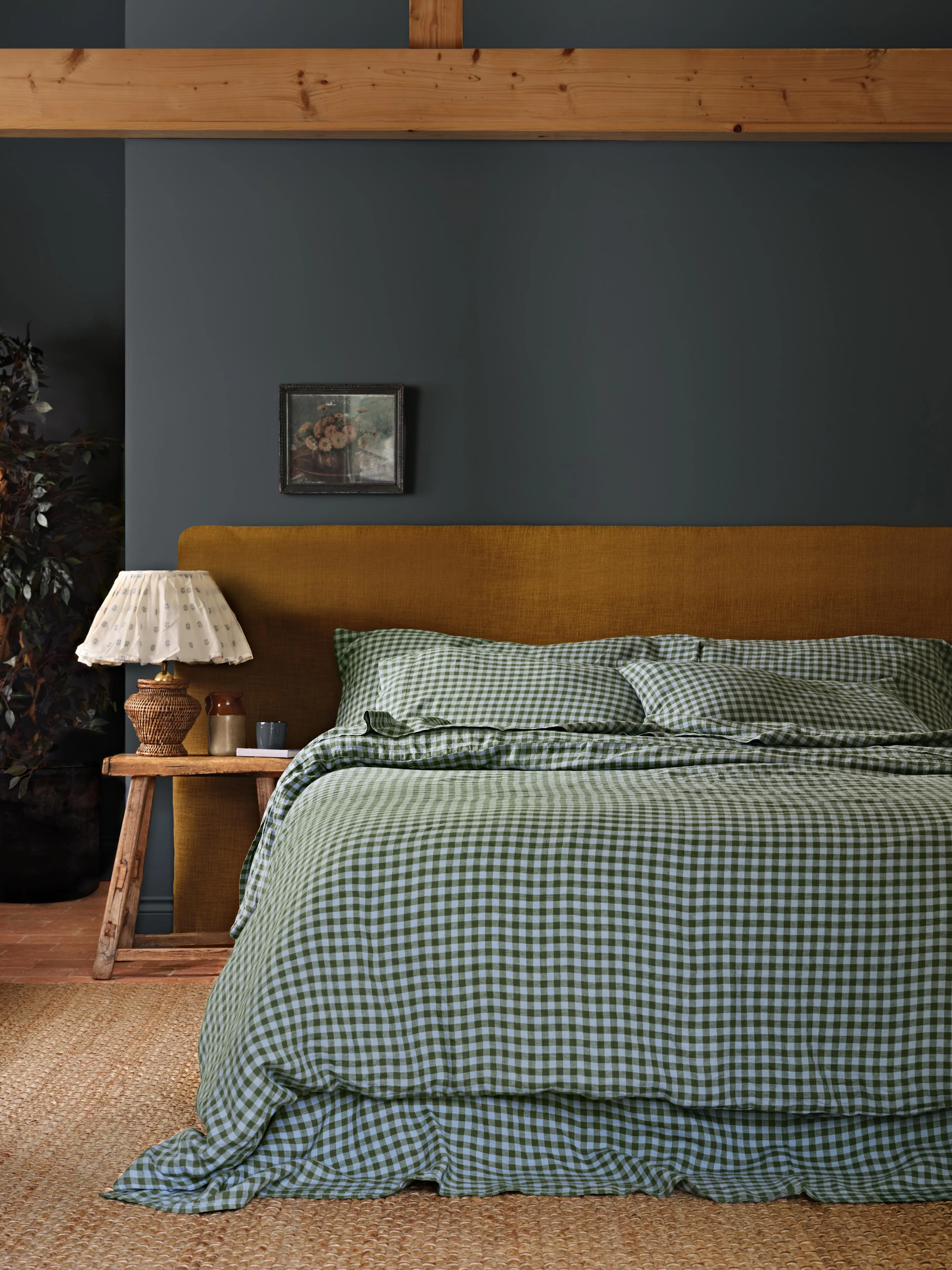 Fern Green & Dusk Blue Colour Drenched Gingham Linen Blend Duvet Cover - Image 2