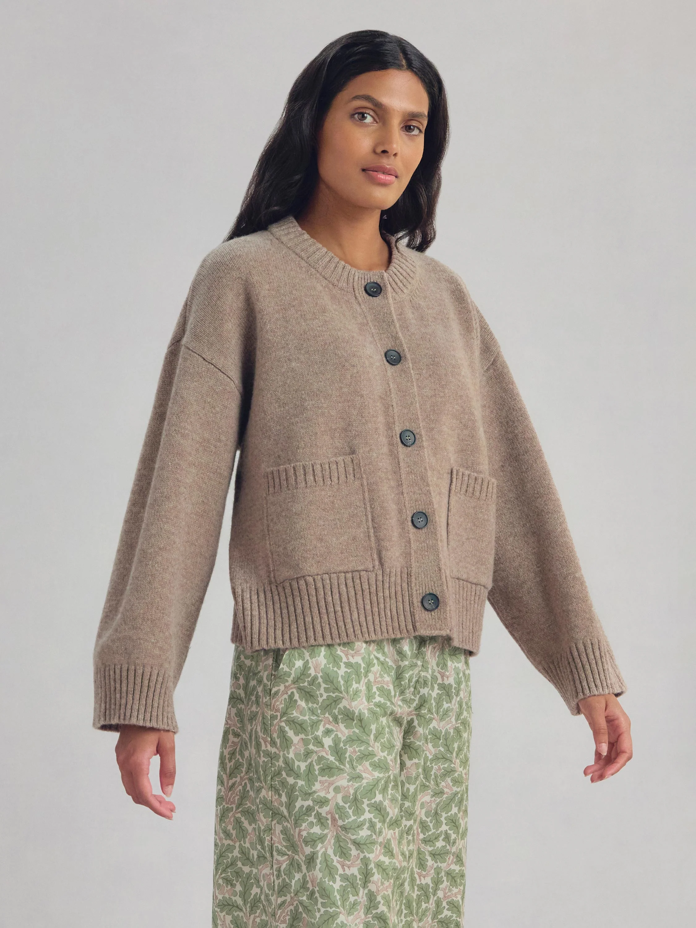 Heather Brown Crew Neck Wool Cardigan - Image 2
