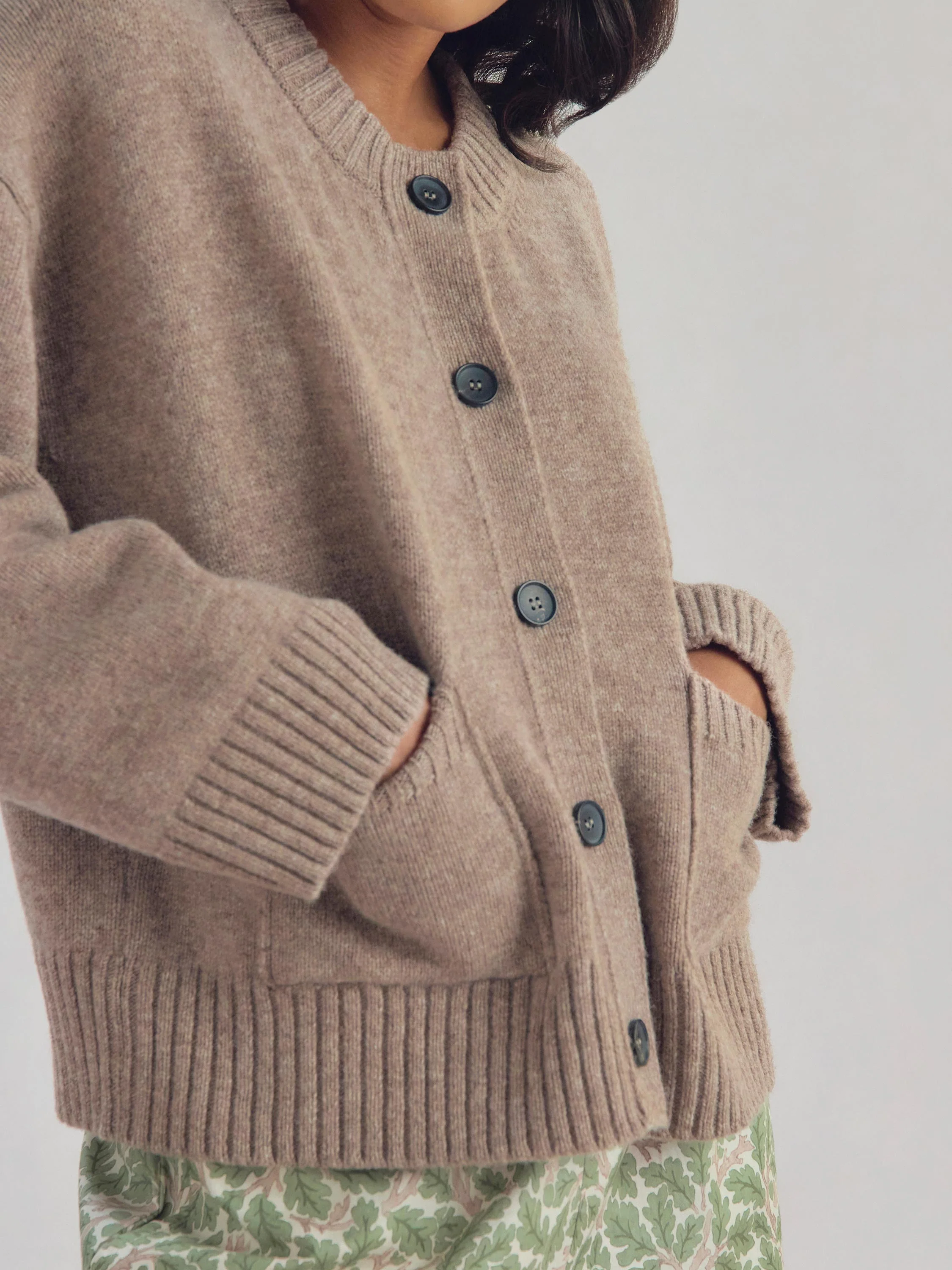 Heather Brown Crew Neck Wool Cardigan - Image 3