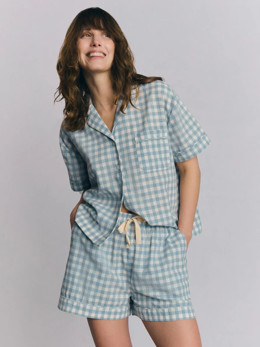 Warm Blue Gingham Linen Blend Pyjama Short Set - Image 3