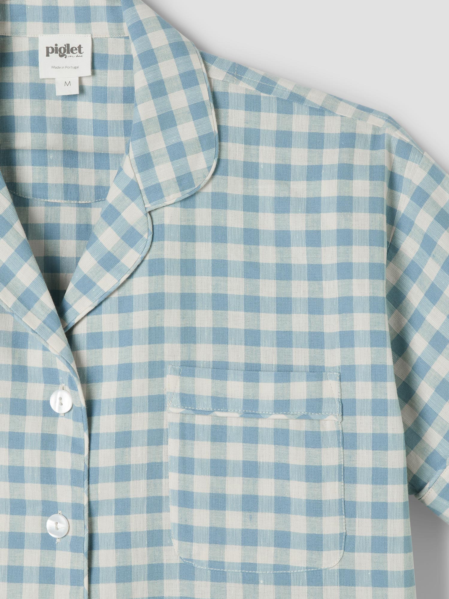 Warm Blue Gingham Linen Blend Pyjama Short Set - Image 4