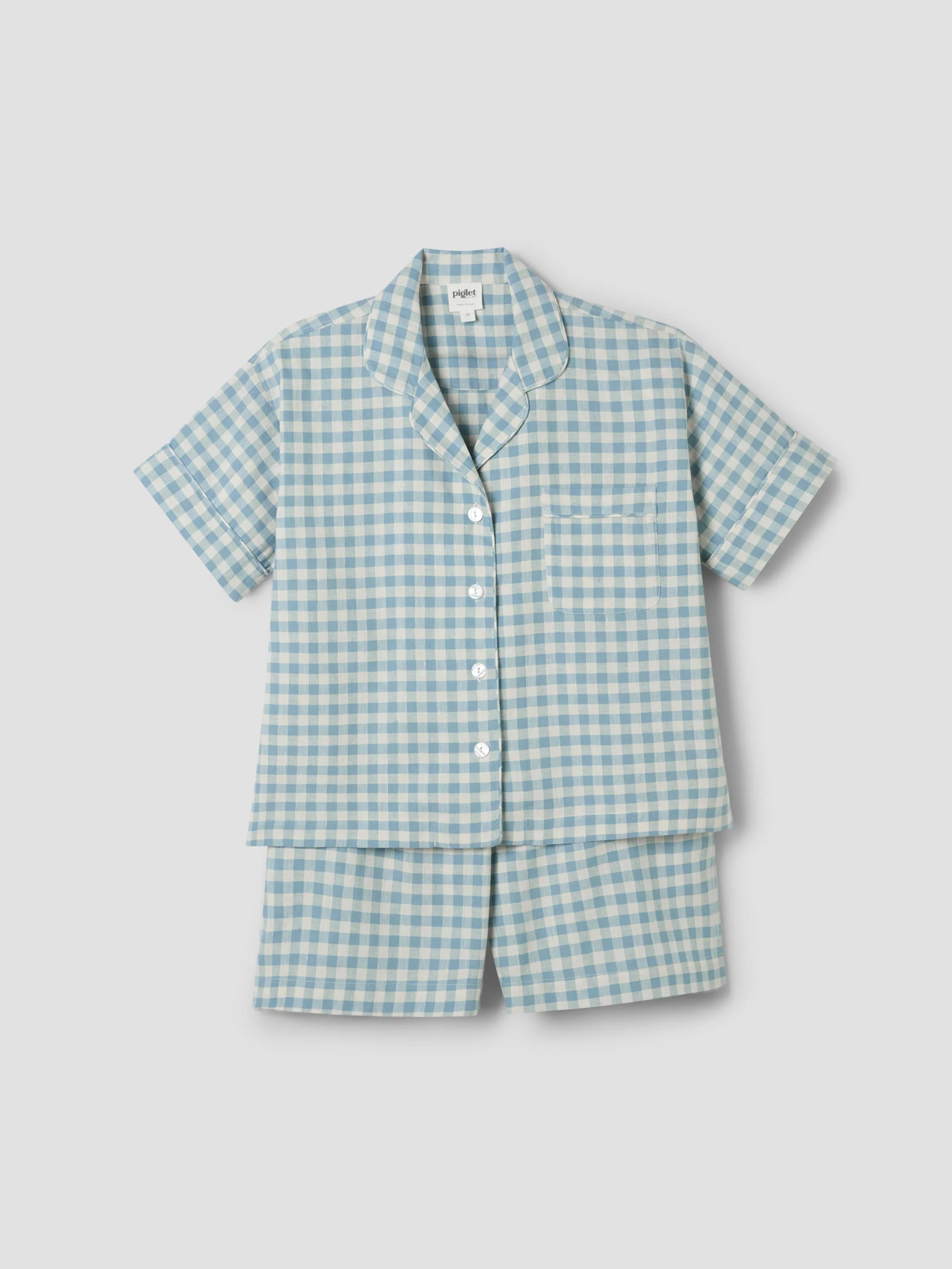 Warm Blue Gingham Linen Blend Pyjama Short Set - Image 6