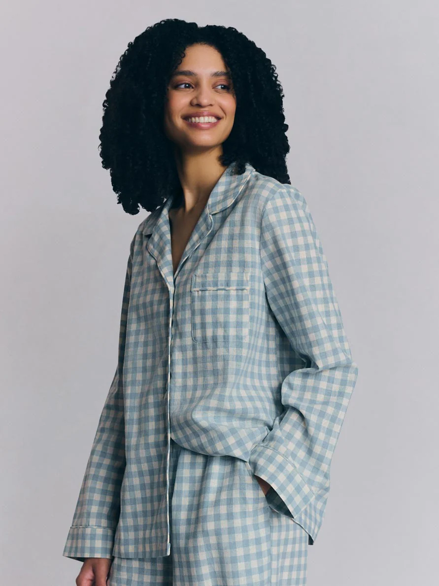 Warm Blue Gingham Linen Blend Pyjama Trouser Set - Image 3