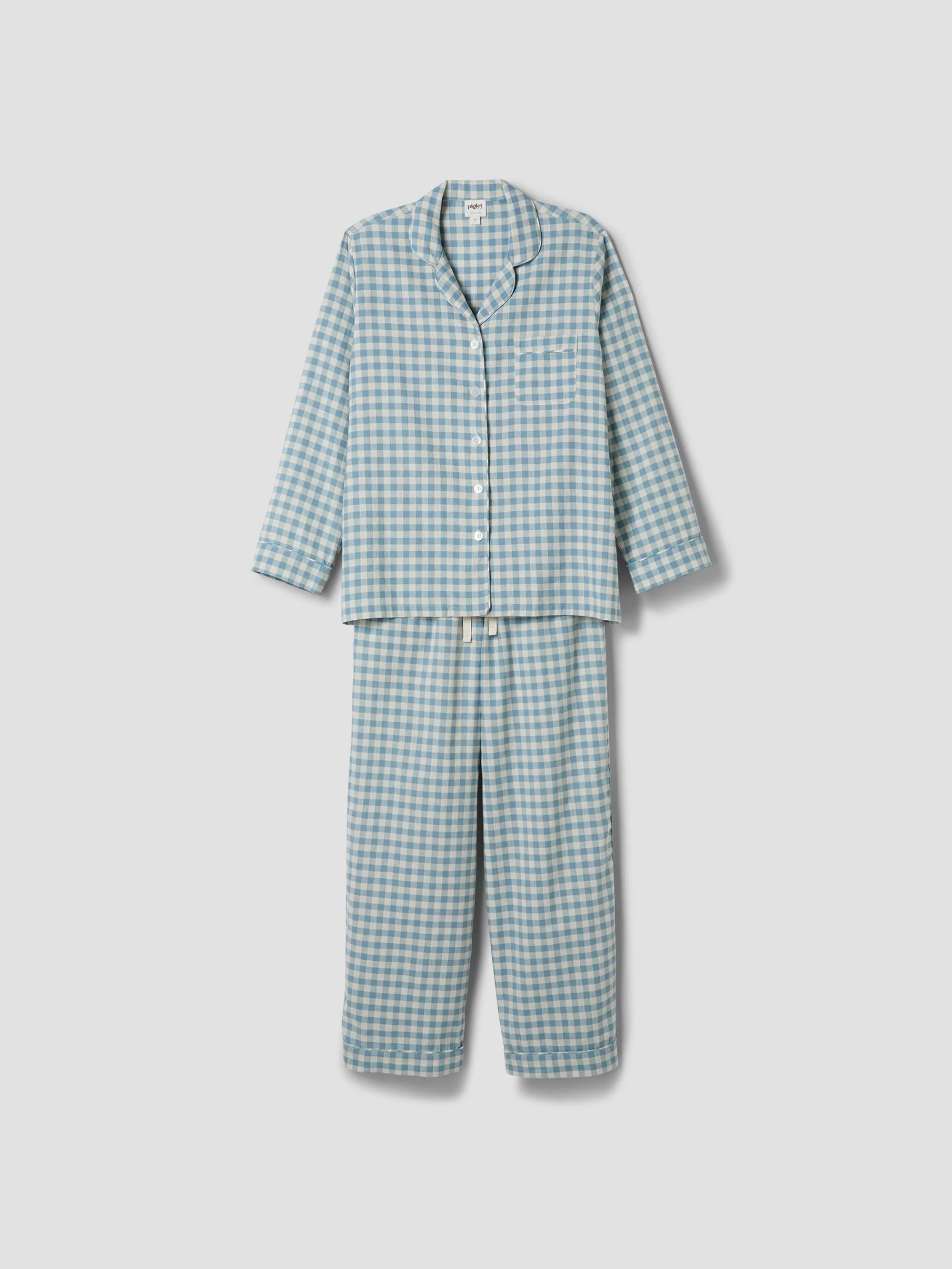 Warm Blue Gingham Linen Blend Pyjama Trouser Set - Image 4