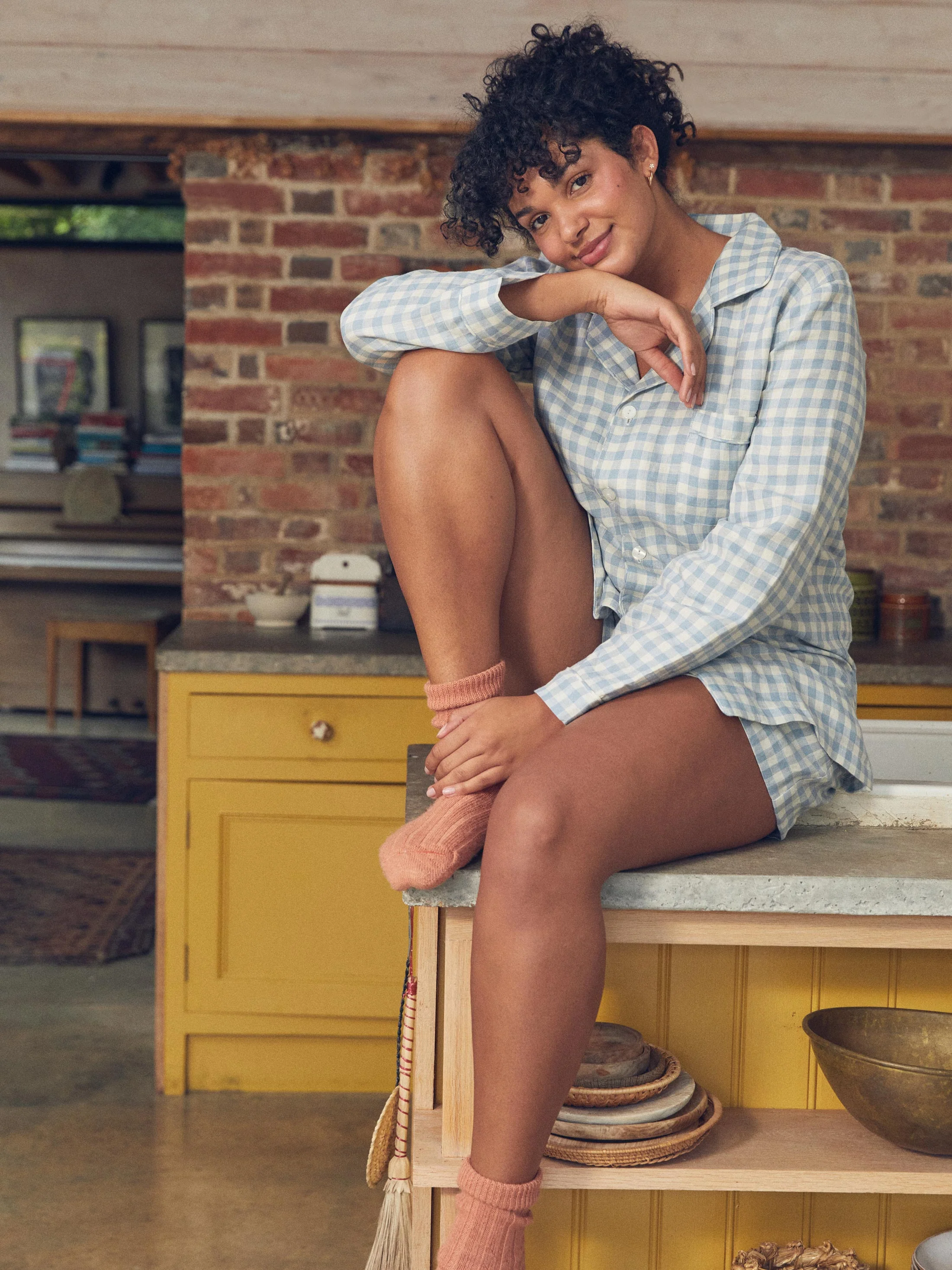 Warm Blue Gingham Linen Pyjama Shorts Set - Image 2